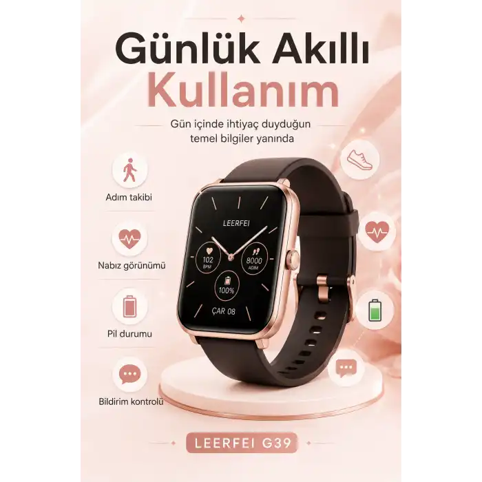 Kablosuz Şarj Destekli Rose Gold Akıllı Saat Dokunmatik Ekranlı Spor Takipli Model