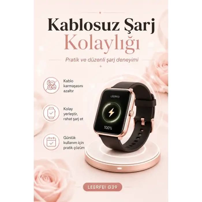 Kablosuz Şarj Destekli Rose Gold Akıllı Saat Dokunmatik Ekranlı Spor Takipli Model