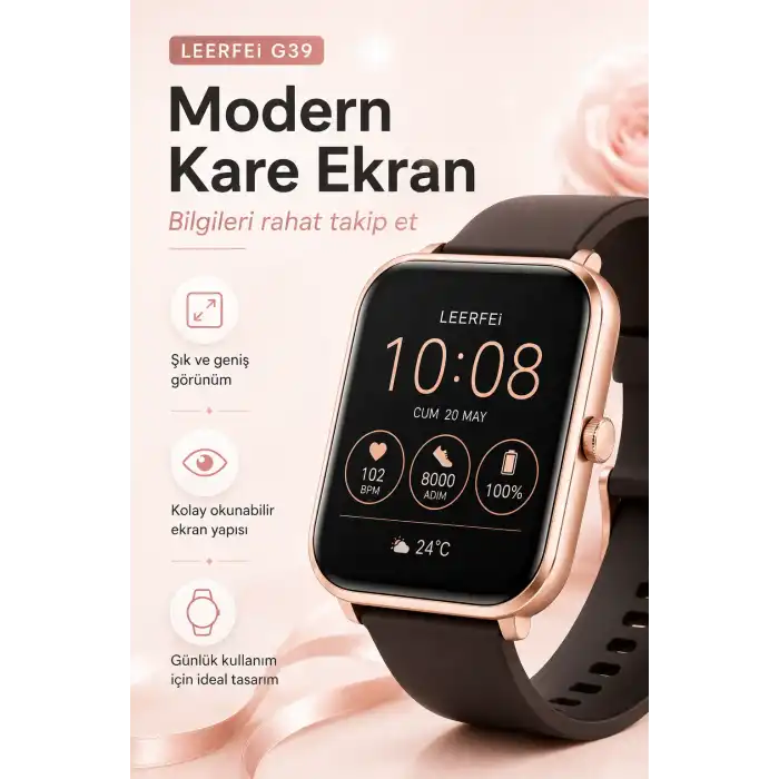 Kablosuz Şarj Destekli Rose Gold Akıllı Saat Dokunmatik Ekranlı Spor Takipli Model