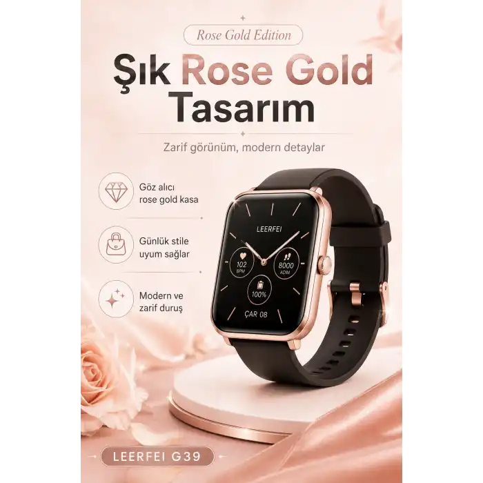 Kablosuz Şarj Destekli Rose Gold Akıllı Saat Dokunmatik Ekranlı Spor Takipli Model