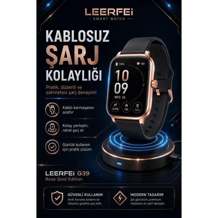 G39 Model Kablosuz Şarjlı Akıllı Saat Rose Gold Renk Bildirim Ve Arama Destekli