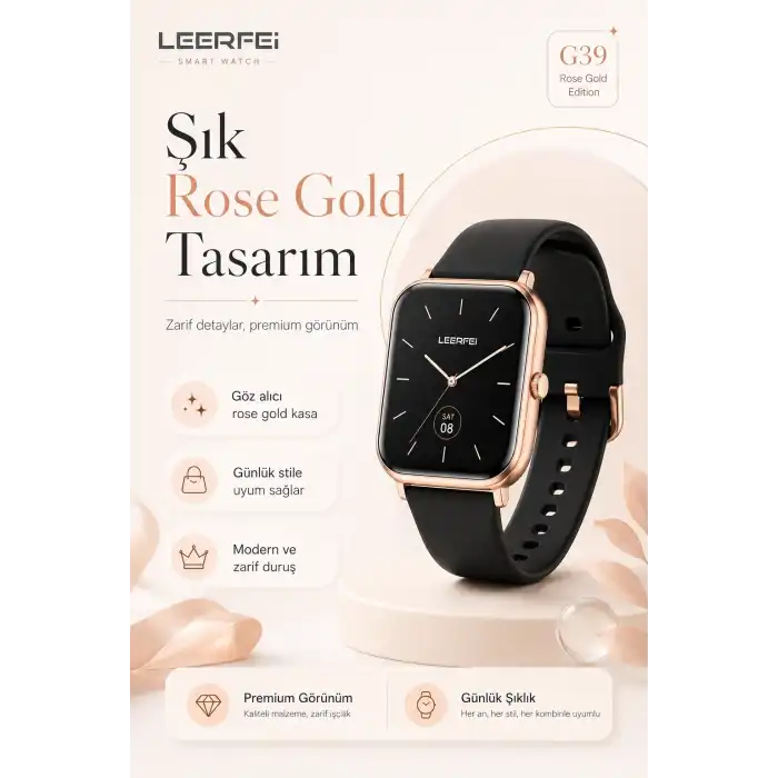 Dokunmatik Ekranlı Rose Gold Akıllı Saat Kablosuz Şarj Özellikli Günlük Kullanım