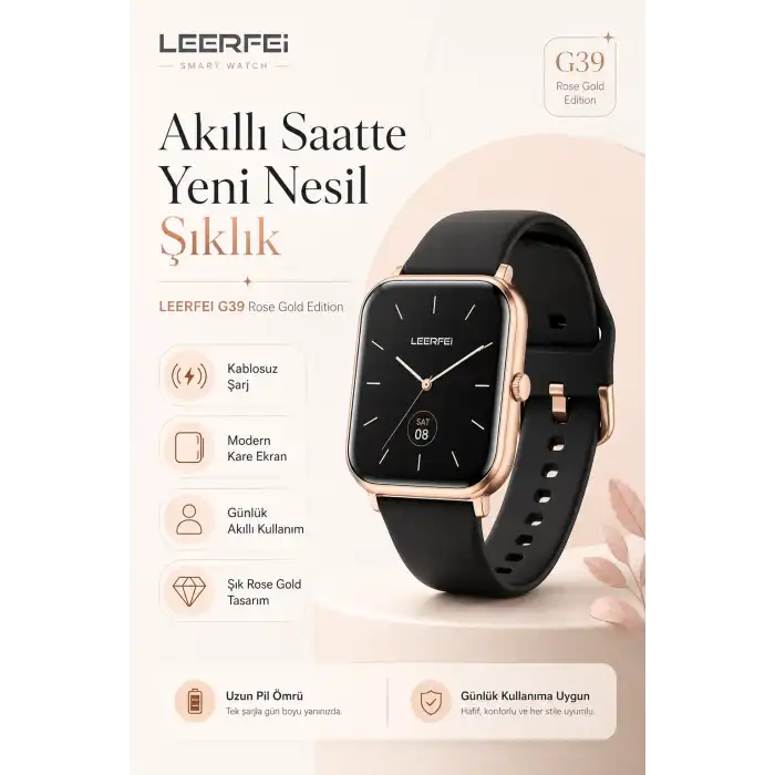 Dokunmatik Ekranlı Rose Gold Akıllı Saat Kablosuz Şarj Özellikli Günlük Kullanım