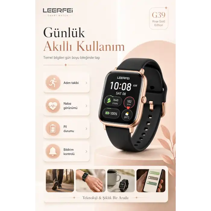 Dokunmatik Ekranlı Rose Gold Akıllı Saat Kablosuz Şarj Özellikli Günlük Kullanım