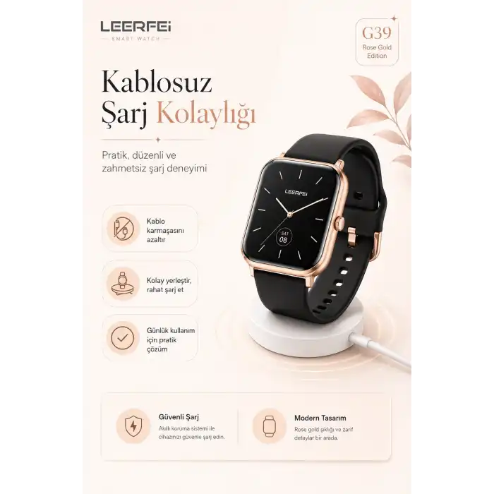 Dokunmatik Ekranlı Rose Gold Akıllı Saat Kablosuz Şarj Özellikli Günlük Kullanım
