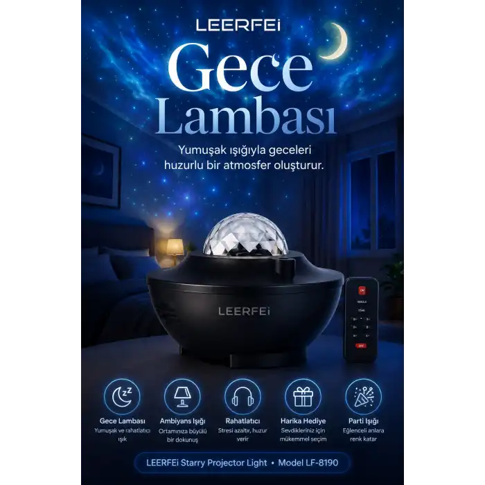 Kumandalı Galaksi Yıldız Projektör Gece Lambası FM Radyolu Parti Işığı Özellikli