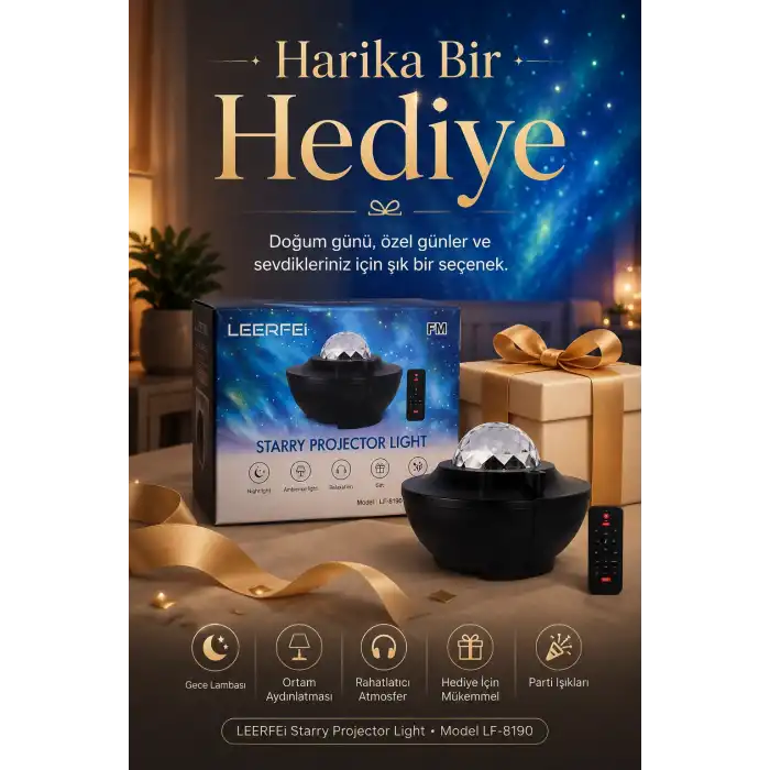 Kumandalı Galaksi Yıldız Projektör Gece Lambası FM Radyolu Parti Işığı Özellikli