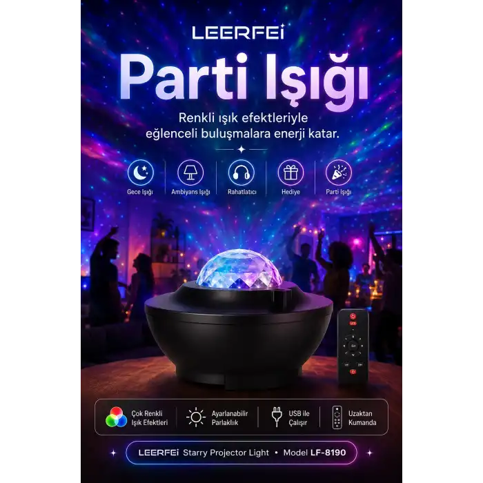 Kumandalı Galaksi Yıldız Projektör Gece Lambası FM Radyolu Parti Işığı Özellikli