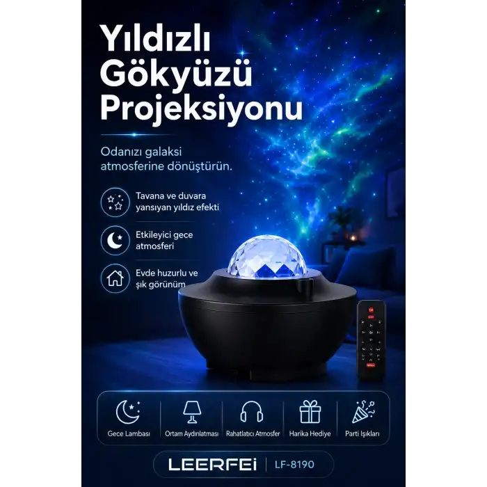 Uzaktan Kumandalı Yıldızlı Gökyüzü Projektörü Gece Lambası Ambiyans Işıklı