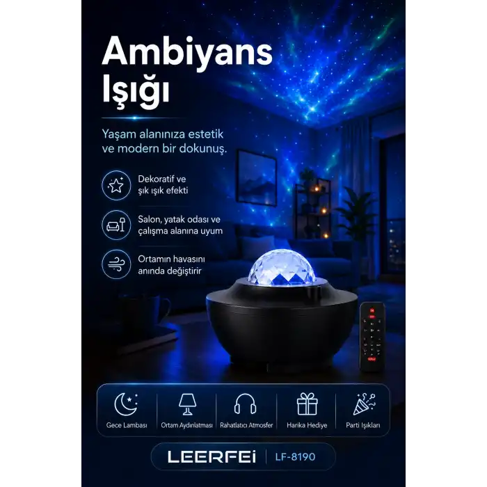Uzaktan Kumandalı Yıldızlı Gökyüzü Projektörü Gece Lambası Ambiyans Işıklı
