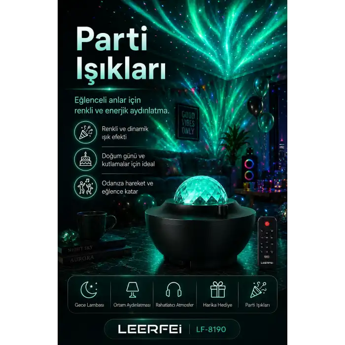 Parti Işığı Özellikli Galaksi Projeksiyon Lambası Kumandalı Gece Aydınlatması