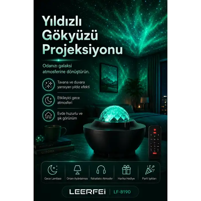Parti Işığı Özellikli Galaksi Projeksiyon Lambası Kumandalı Gece Aydınlatması