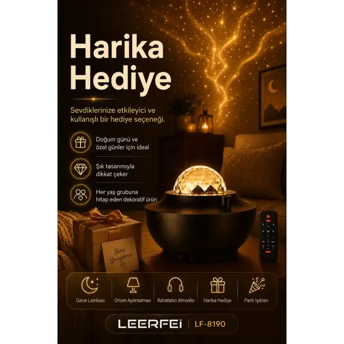 Yıldız Efektli Projektör Gece Lambası Müzik Destekli Ambiyans Ve Parti Işığı