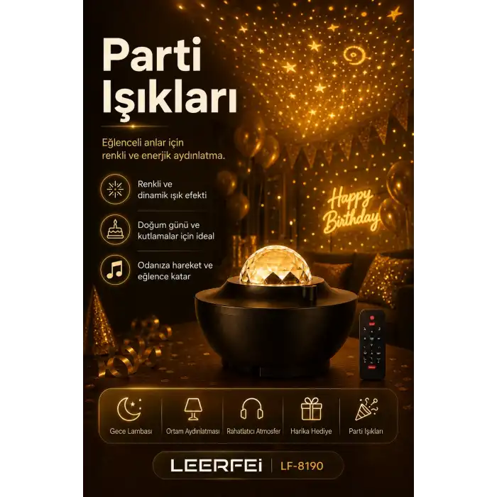 Yıldız Efektli Projektör Gece Lambası Müzik Destekli Ambiyans Ve Parti Işığı