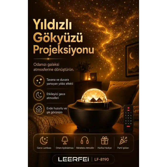 Yıldız Efektli Projektör Gece Lambası Müzik Destekli Ambiyans Ve Parti Işığı