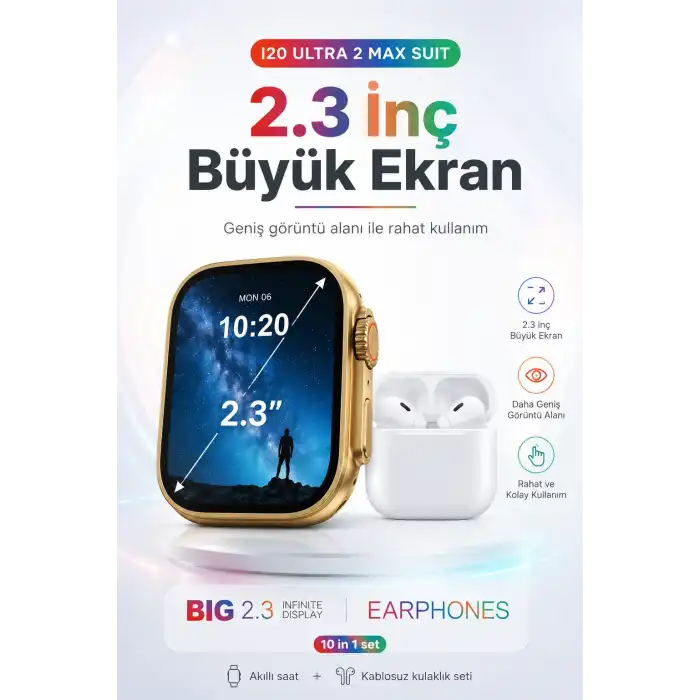 2.3 İnç Geniş Ekranlı Akıllı Saat Ve Kablosuz Kulaklık 10 Parça Aksesuar Seti