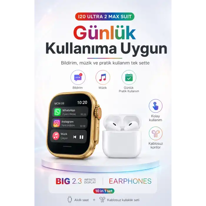 2.3 İnç Geniş Ekranlı Akıllı Saat Ve Kablosuz Kulaklık 10 Parça Aksesuar Seti