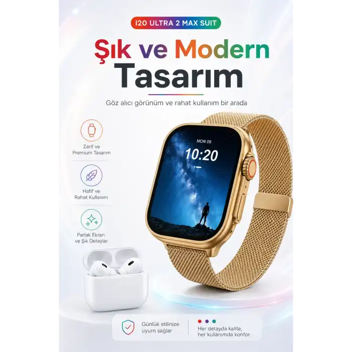 2.3 İnç Geniş Ekranlı Akıllı Saat Ve Kablosuz Kulaklık 10 Parça Aksesuar Seti