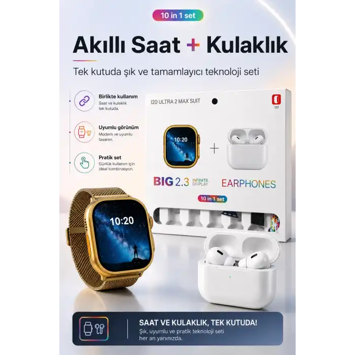Akıllı Saat Ve Kablosuz Kulaklık Bir Arada Telefon Uyumlu Şık Hediye Seti