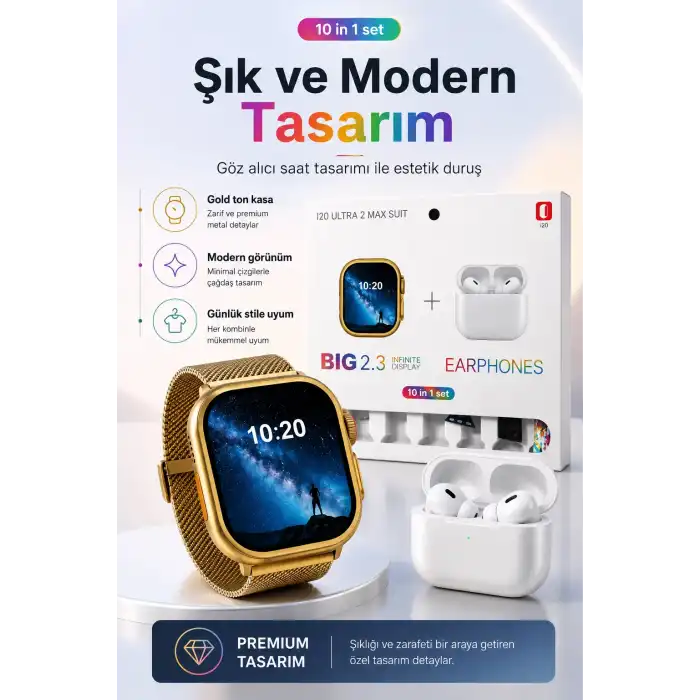 Akıllı Saat Ve Kablosuz Kulaklık Bir Arada Telefon Uyumlu Şık Hediye Seti