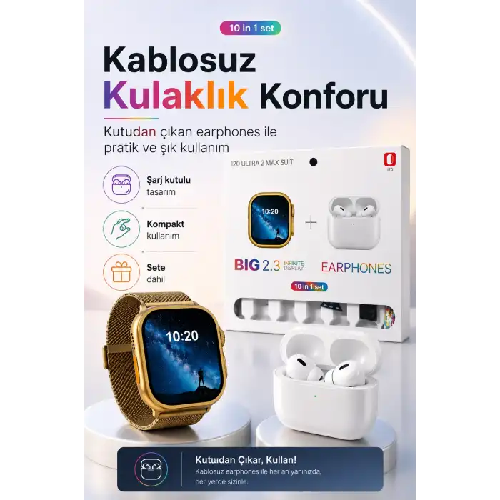 Akıllı Saat Ve Kablosuz Kulaklık Bir Arada Telefon Uyumlu Şık Hediye Seti