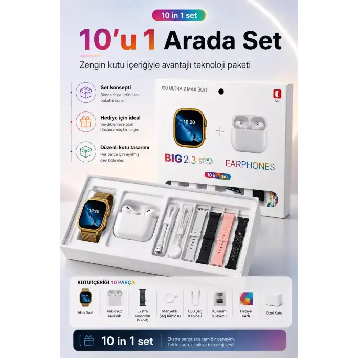 Akıllı Saat Ve Kablosuz Kulaklık Bir Arada Telefon Uyumlu Şık Hediye Seti