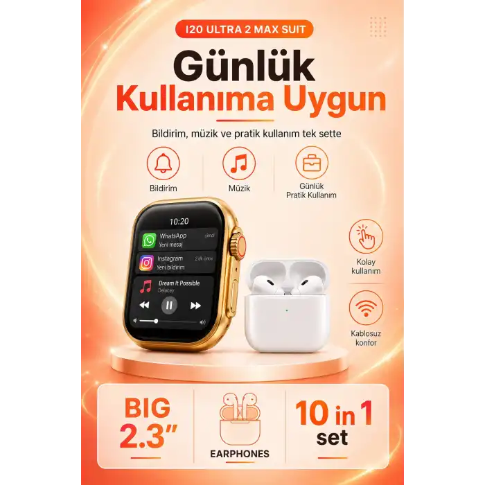 Büyük Ekranlı Akıllı Saat Kablosuz Kulaklık Ve Çoklu Aksesuar İçeren Set