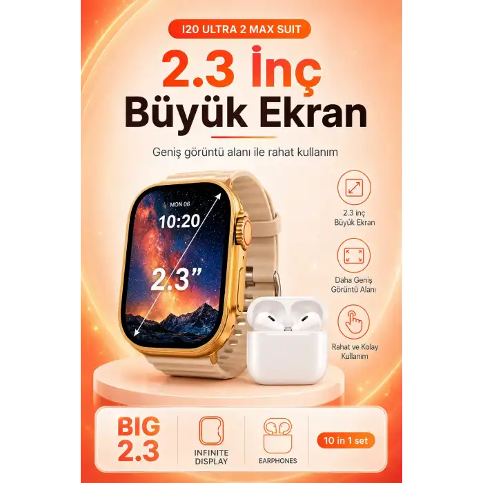 Büyük Ekranlı Akıllı Saat Kablosuz Kulaklık Ve Çoklu Aksesuar İçeren Set