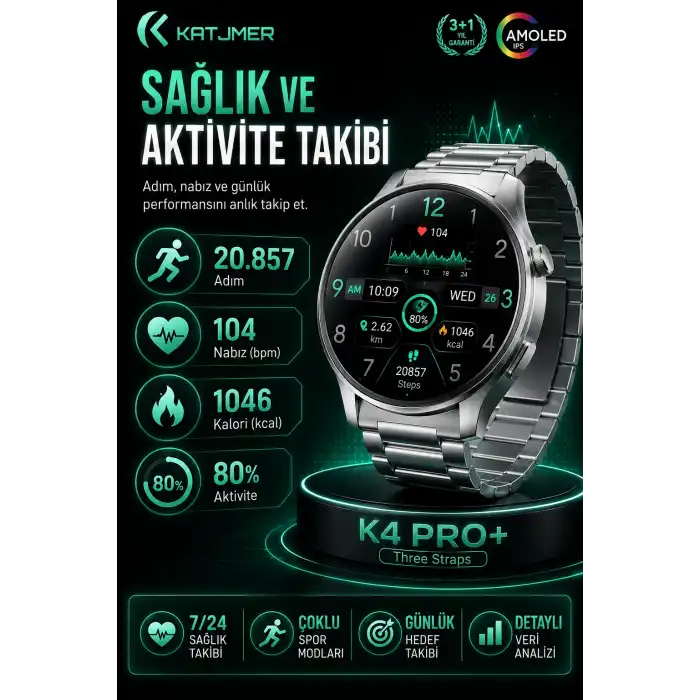 Spor Modlu Bildirim Özellikli Akıllı Saat Metal Kordonlu Üç Kayışlı Günlük Kullanım Seti