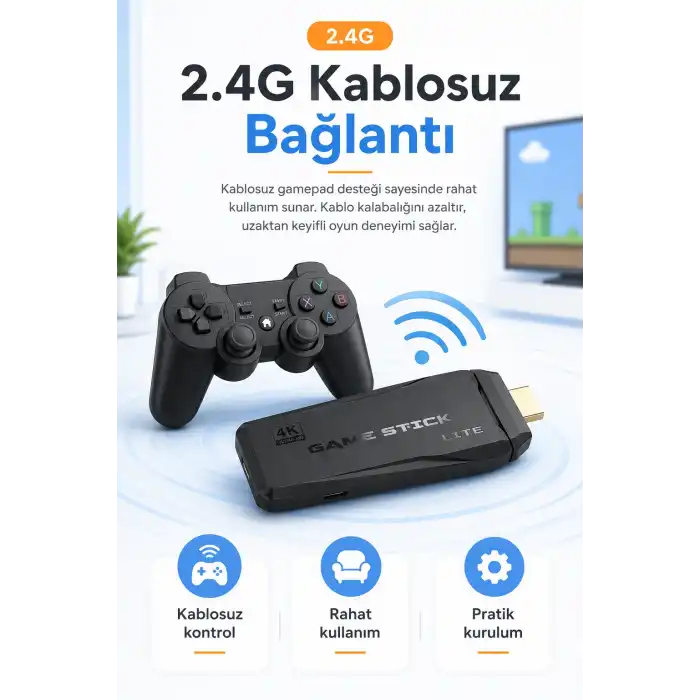 HDMI Girişli Kablosuz Retro Oyun Konsolu 2.4G Bağlantılı Çift Kollu Eğlence Seti