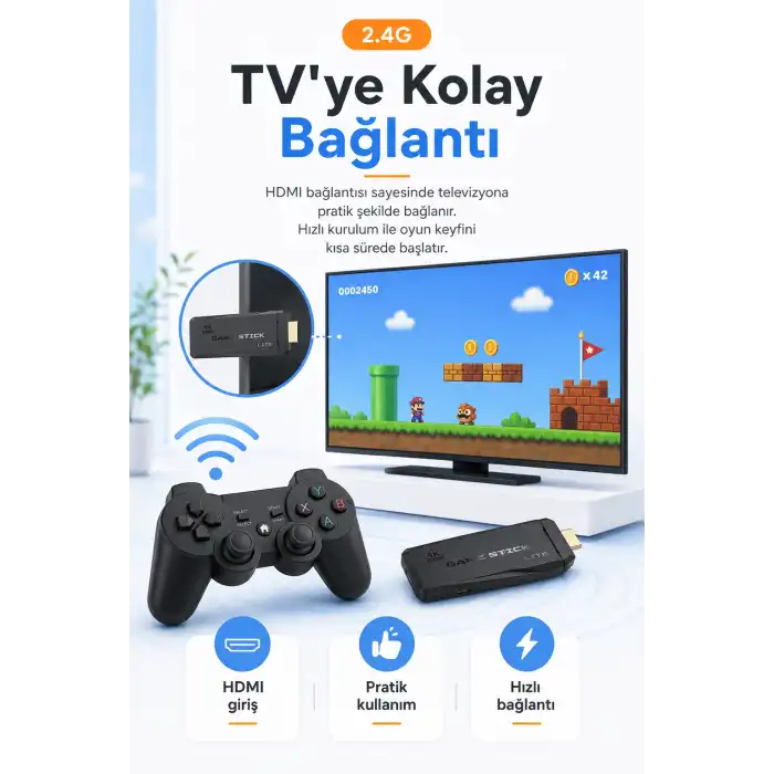 HDMI Girişli Kablosuz Retro Oyun Konsolu 2.4G Bağlantılı Çift Kollu Eğlence Seti