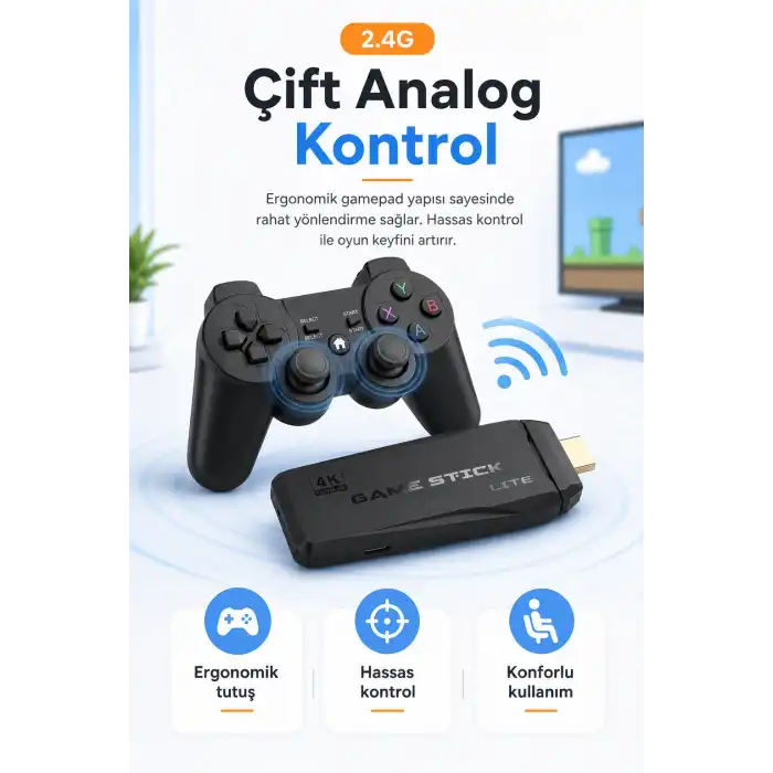HDMI Girişli Kablosuz Retro Oyun Konsolu 2.4G Bağlantılı Çift Kollu Eğlence Seti