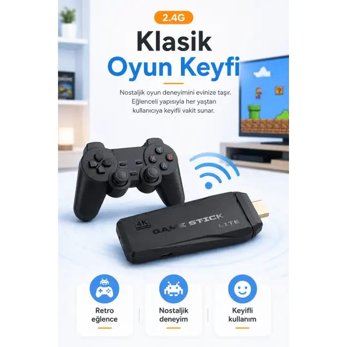 HDMI Girişli Kablosuz Retro Oyun Konsolu 2.4G Bağlantılı Çift Kollu Eğlence Seti
