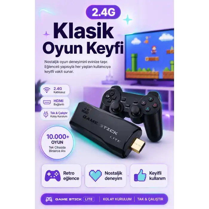 Çift Kollu Kablosuz Oyun Konsolu TV Bağlantılı Klasik Oyunlar İçin Pratik Set