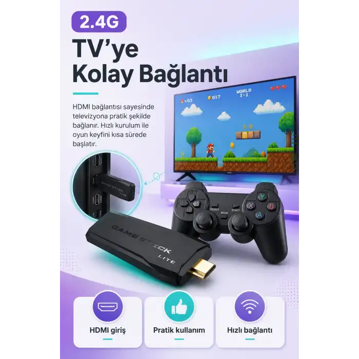 Çift Kollu Kablosuz Oyun Konsolu TV Bağlantılı Klasik Oyunlar İçin Pratik Set