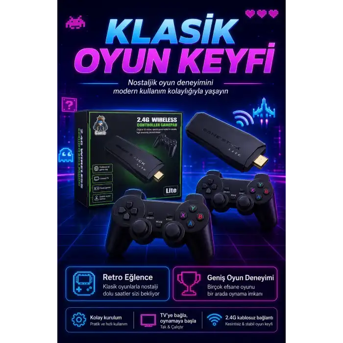 2.4G Kablosuz Gamepadli Mini Oyun Konsolu HDMI Destekli Retro Oyun Cihazı Seti