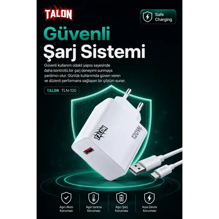 120W Hızlı Şarj Adaptörü Ve Kablo Seti Akıllı Çipli Güvenli Şarj Özellikli
