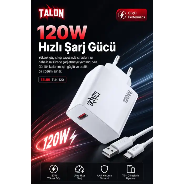 120W Hızlı Şarj Adaptörü Ve Kablo Seti Akıllı Çipli Güvenli Şarj Özellikli
