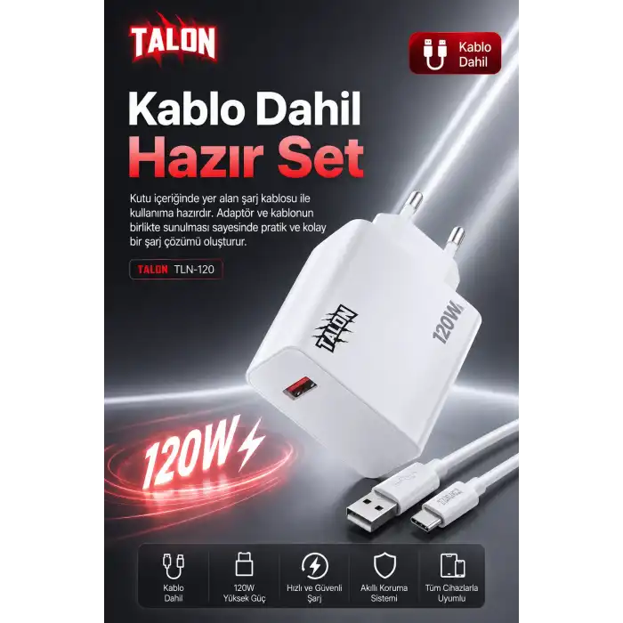 120W Hızlı Şarj Adaptörü Ve Kablo Seti Akıllı Çipli Güvenli Şarj Özellikli