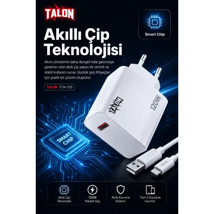 120W Hızlı Şarj Adaptörü Ve Kablo Seti Akıllı Çipli Güvenli Şarj Özellikli