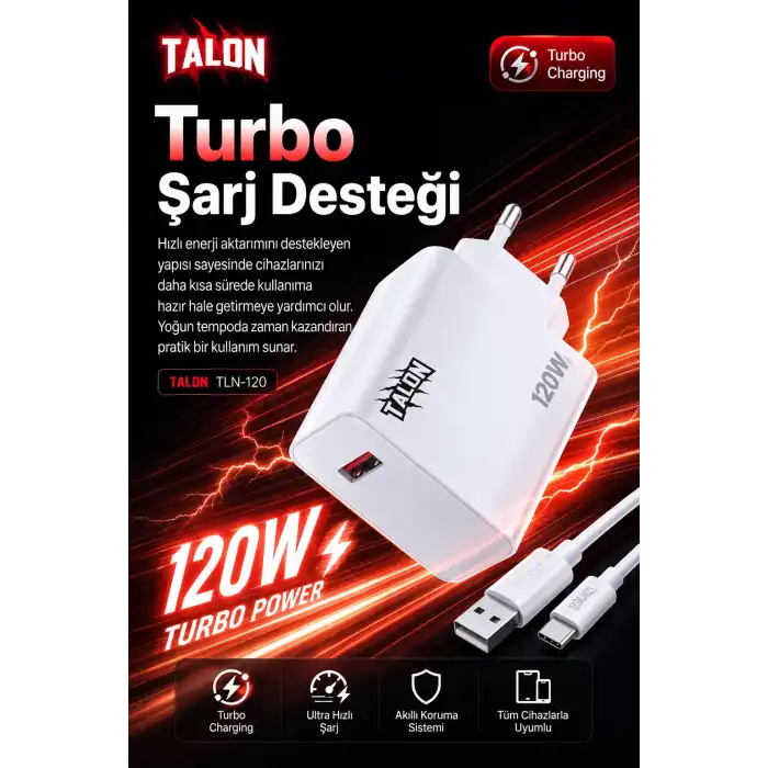 120W Hızlı Şarj Adaptörü Ve Kablo Seti Akıllı Çipli Güvenli Şarj Özellikli