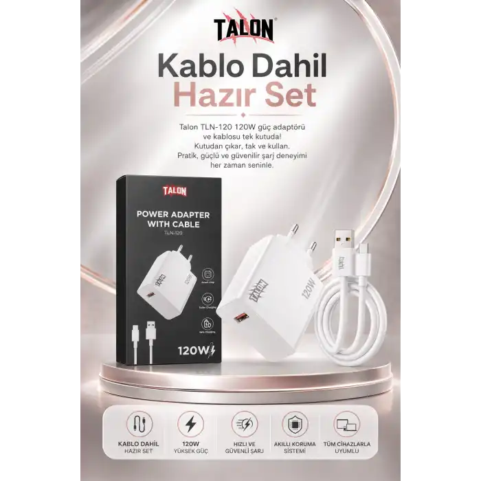 Turbo Şarj Destekli 120W Adaptör Ve Kablo Seti Telefon Uyumlu Pratik Kullanım