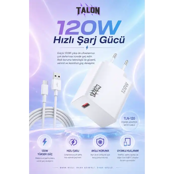 Turbo Şarj Destekli 120W Adaptör Ve Kablo Seti Telefon Uyumlu Pratik Kullanım