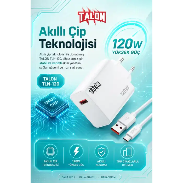Turbo Şarj Destekli 120W Adaptör Ve Kablo Seti Telefon Uyumlu Pratik Kullanım