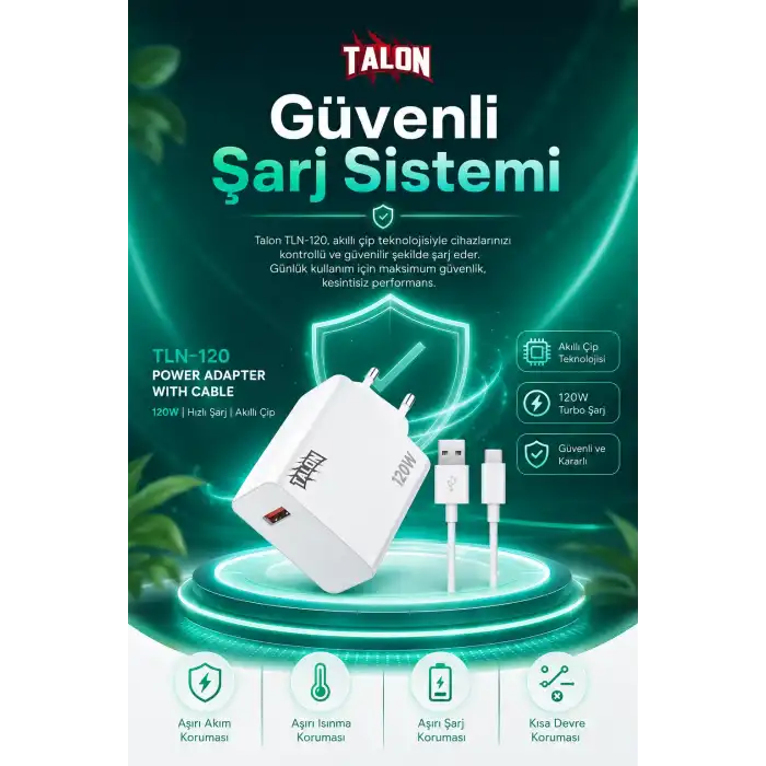 Turbo Şarj Destekli 120W Adaptör Ve Kablo Seti Telefon Uyumlu Pratik Kullanım