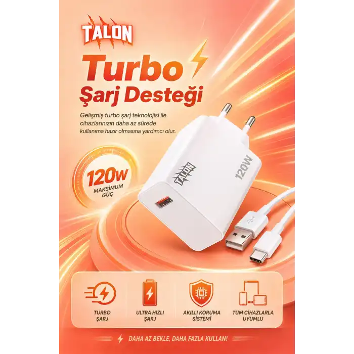 Turbo Şarj Destekli 120W Adaptör Ve Kablo Seti Telefon Uyumlu Pratik Kullanım