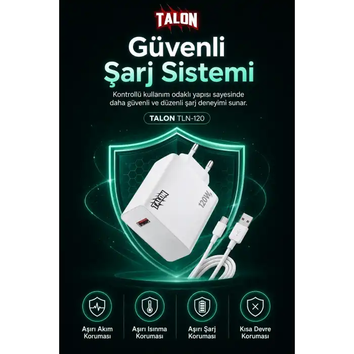 Akıllı Çip Korumalı 120W Hızlı Şarj Cihazı Kablo Dahil Güvenli Dolum Seti