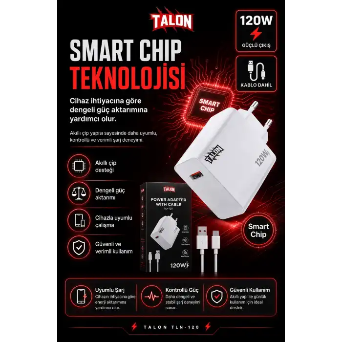 USB Kablolu 120W Güç Adaptörü Hızlı Şarj Destekli Mobil Cihaz Uyumlu Set