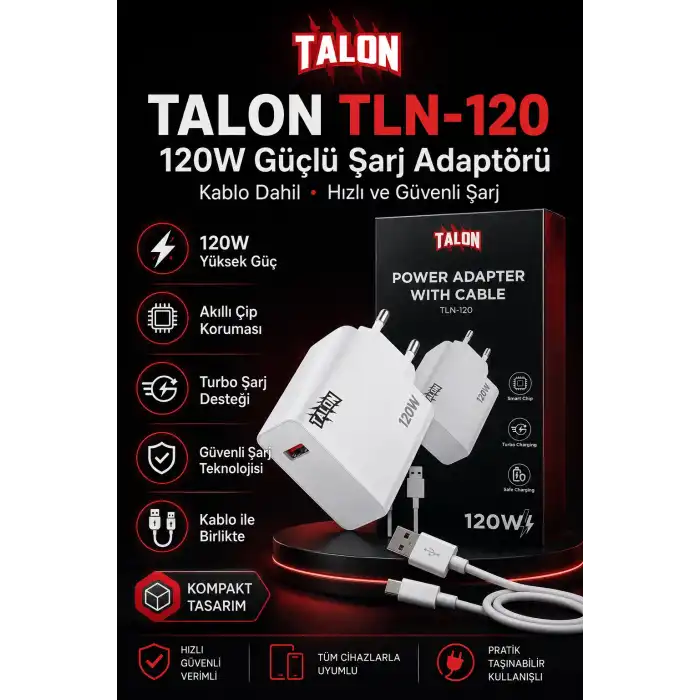 USB Kablolu 120W Güç Adaptörü Hızlı Şarj Destekli Mobil Cihaz Uyumlu Set