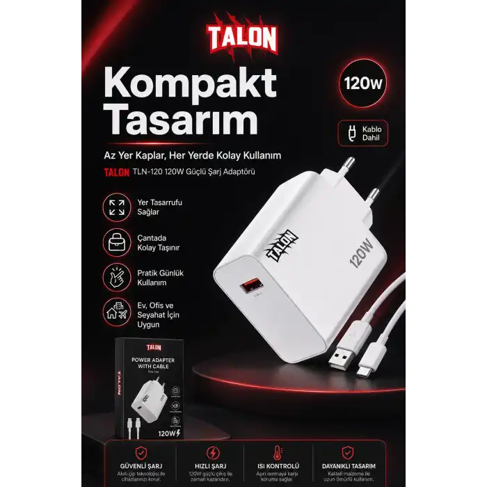USB Kablolu 120W Güç Adaptörü Hızlı Şarj Destekli Mobil Cihaz Uyumlu Set